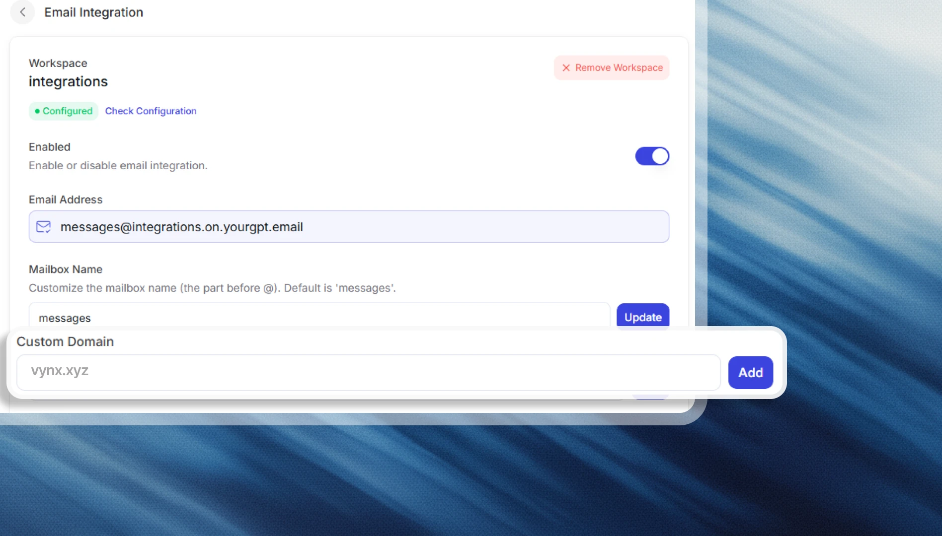 YourGPT AI chatbot connect custom domain - step 3 workflow demonstration