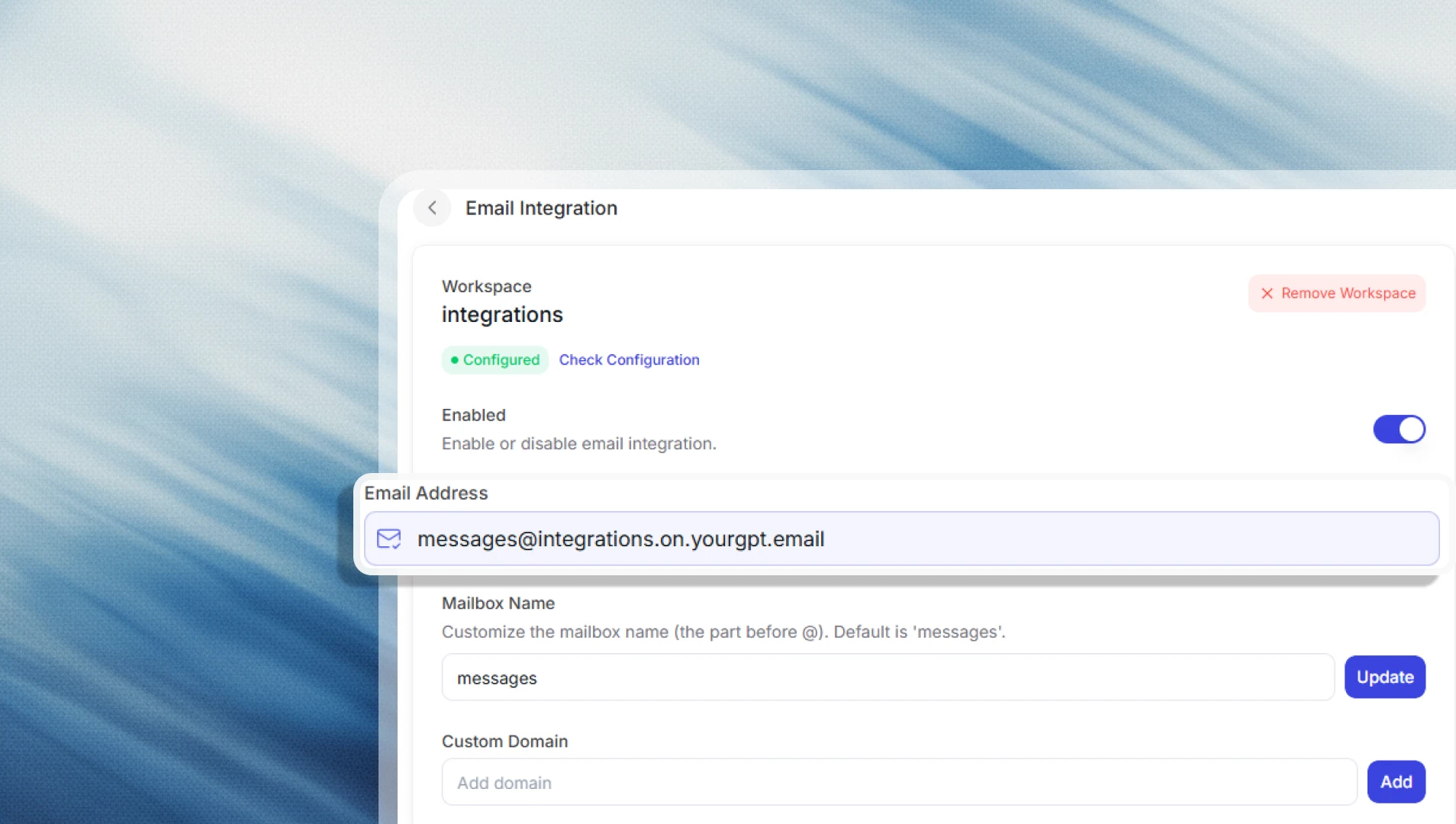 YourGPT AI chatbot forward your emails - step 2 workflow demonstration